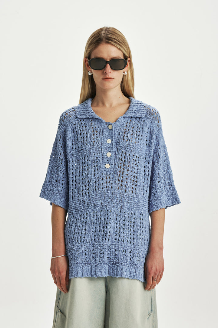 KIMMATIN Punching Knit Collar Top — Light Blue