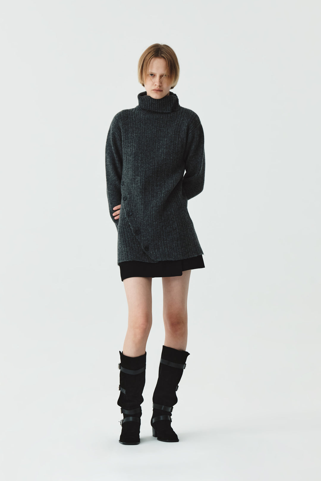 KIMMATIN Button Slit Knit Dress — Charcoal