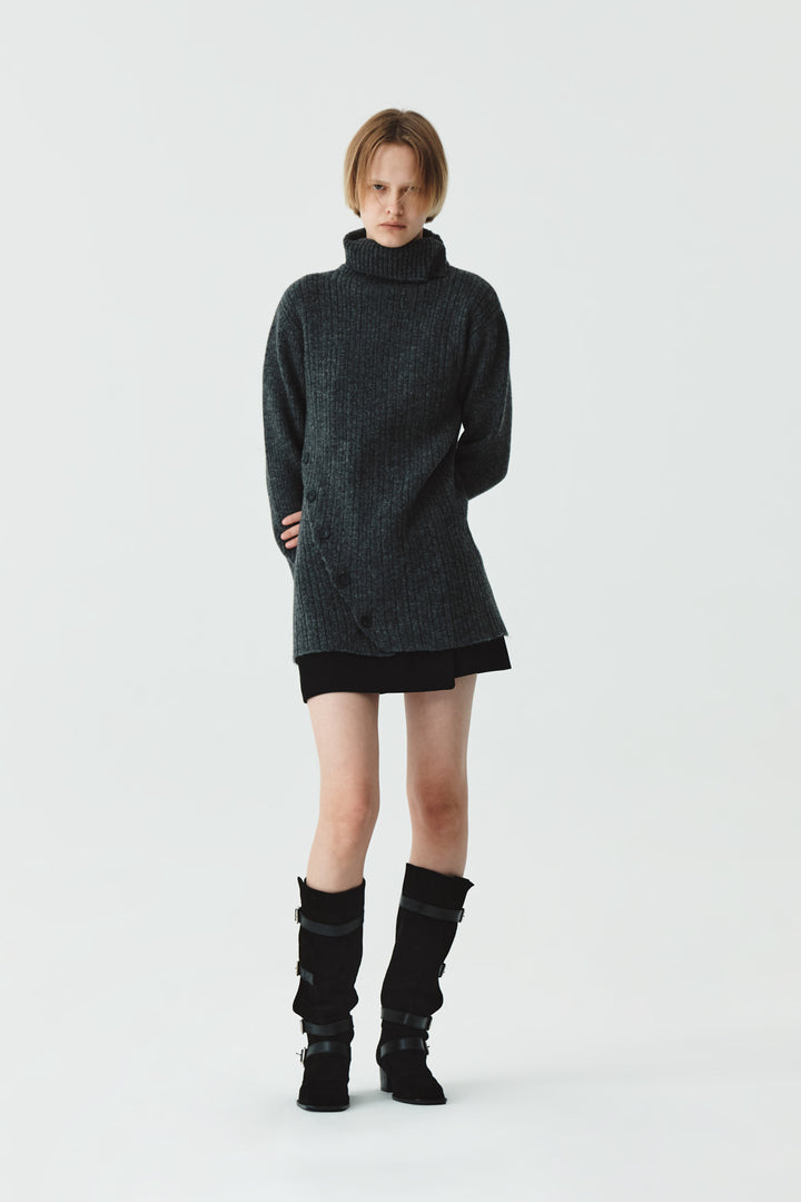 KIMMATIN Button Slit Knit Dress — Charcoal