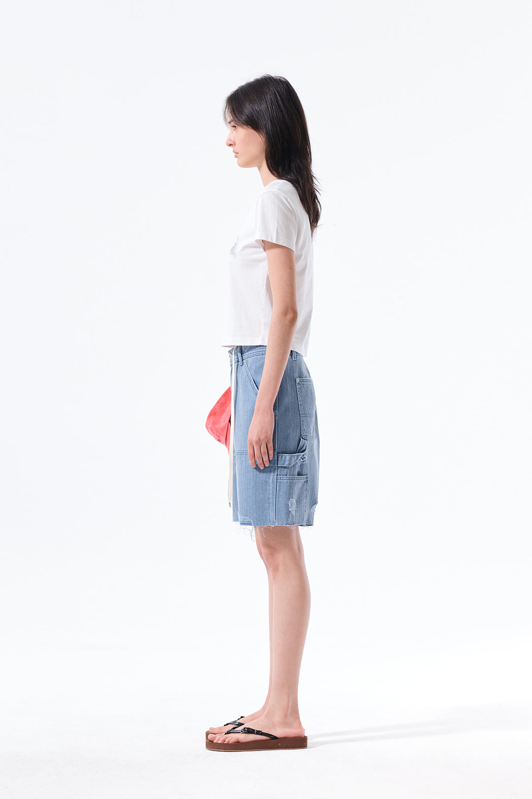 Matin Kim Herringbone Raw Cut Denim Shorts — Light Blue