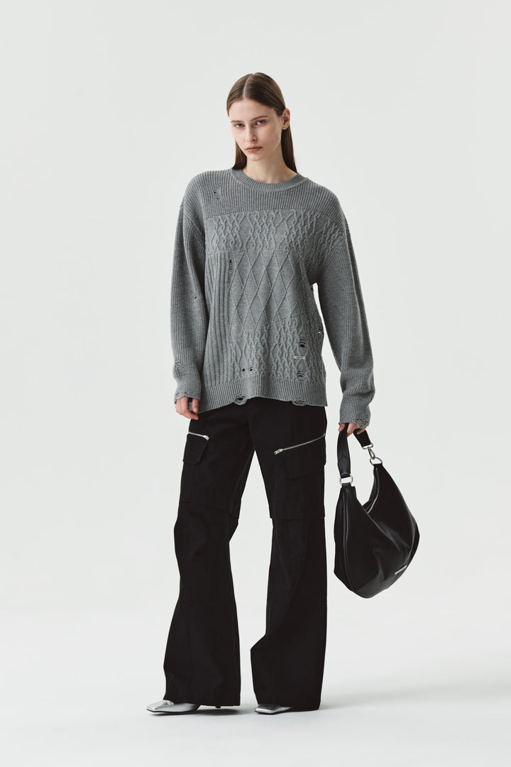KIMMATIN Cable Mix Damage Knit Pullover — Gray