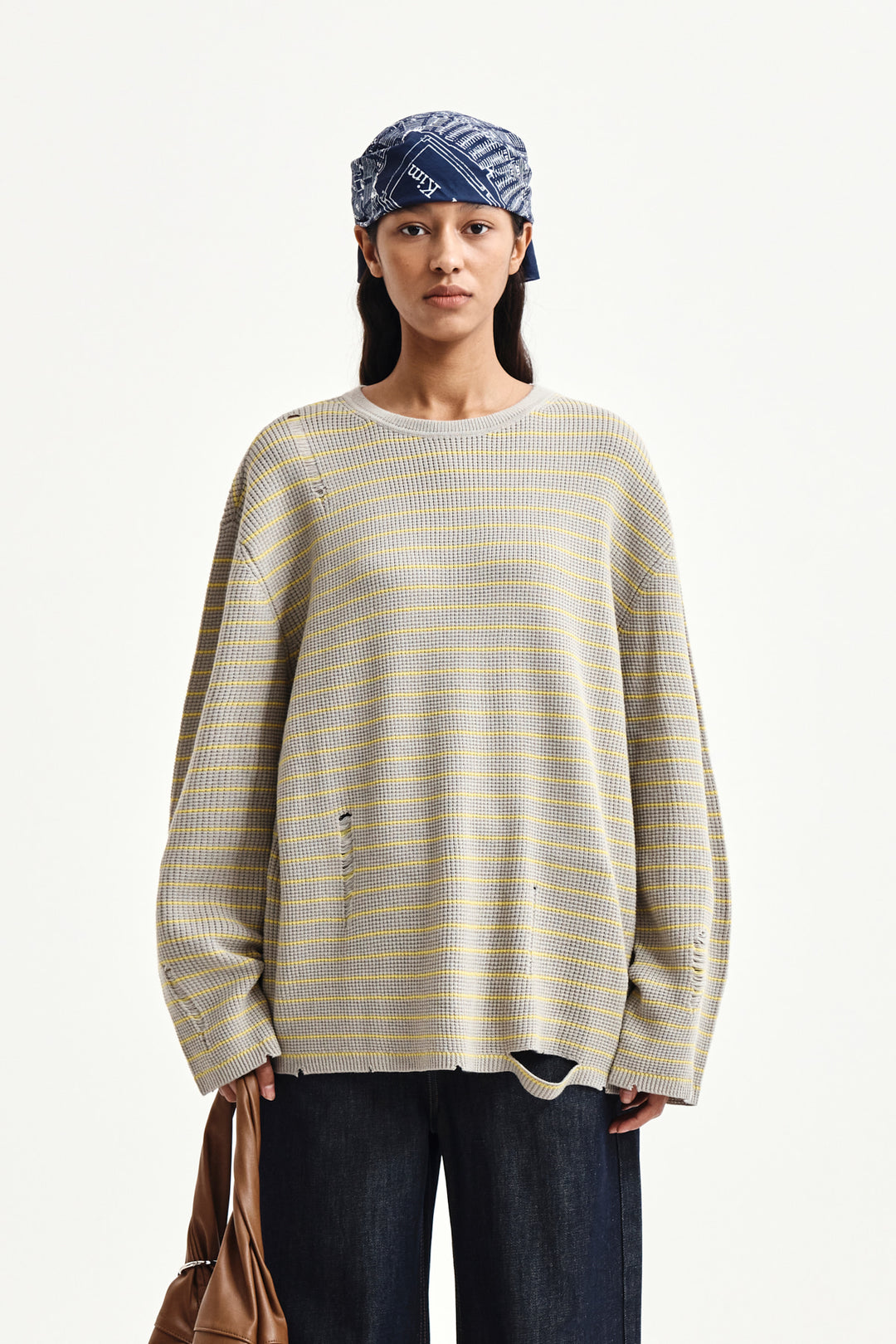 Matin Kim Stripe Damaged Loose Pullover — Beige
