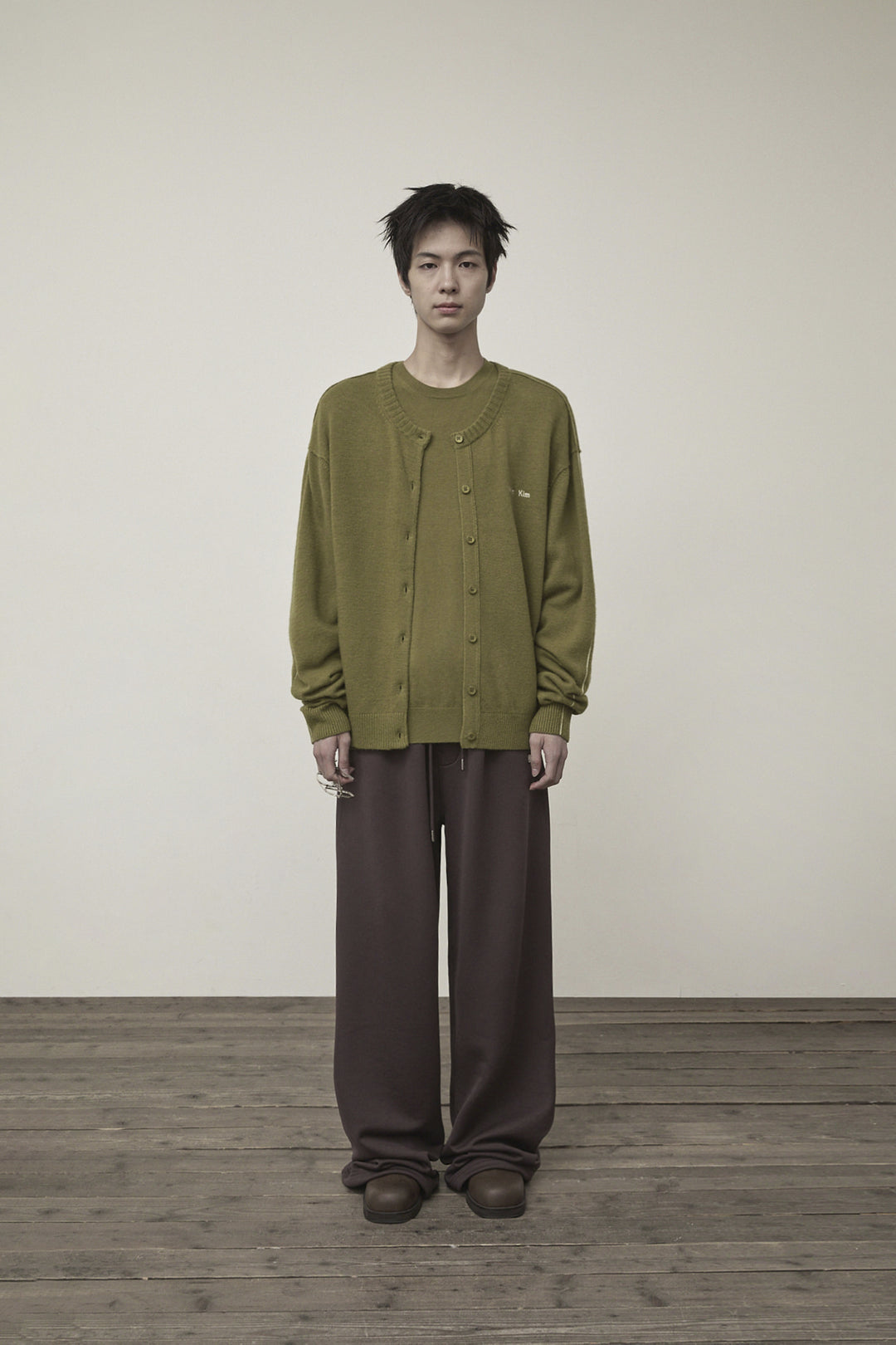 Matin Kim Cashmere Blended Round Knit Cardigan — Olive