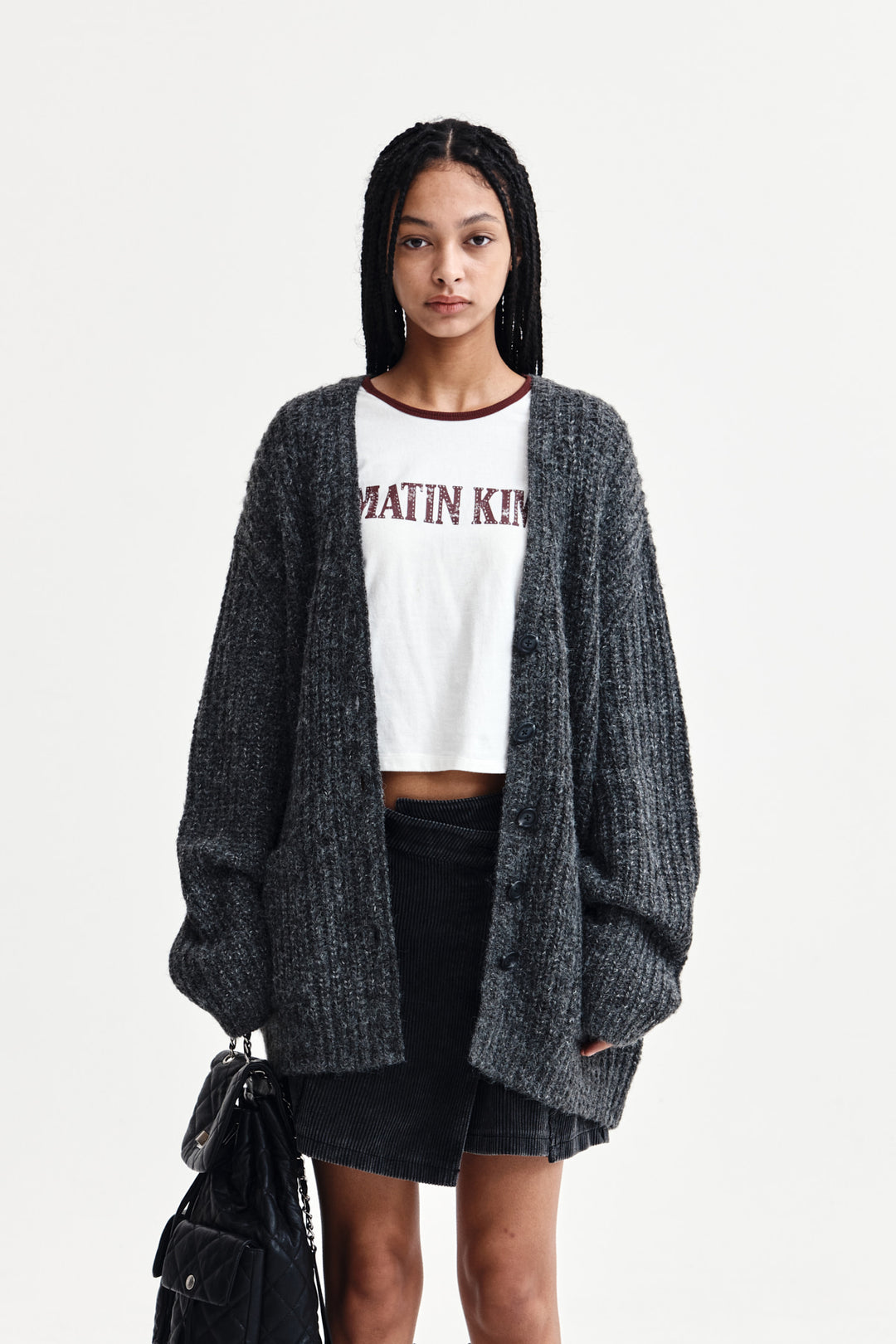 Matin Kim Side Button Point Overfit Cardigan — Charcoal
