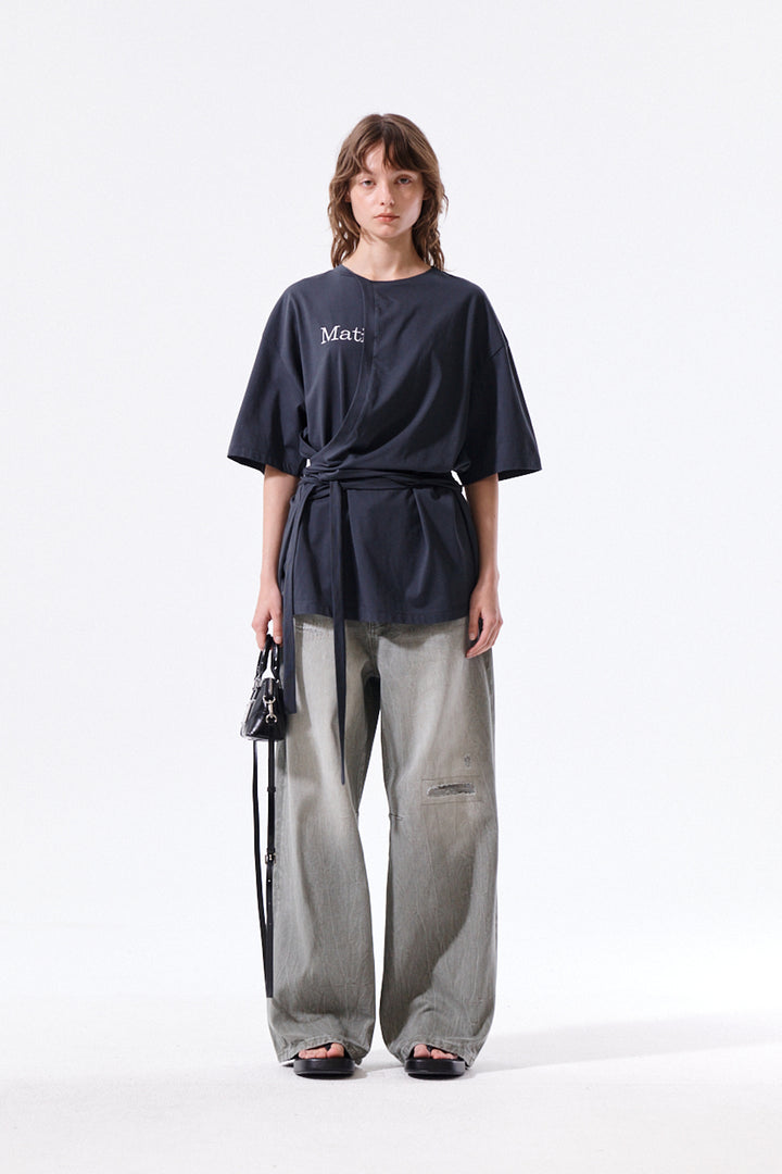 Matin Kim Tie Detail Draped Logo Top — Charcoal