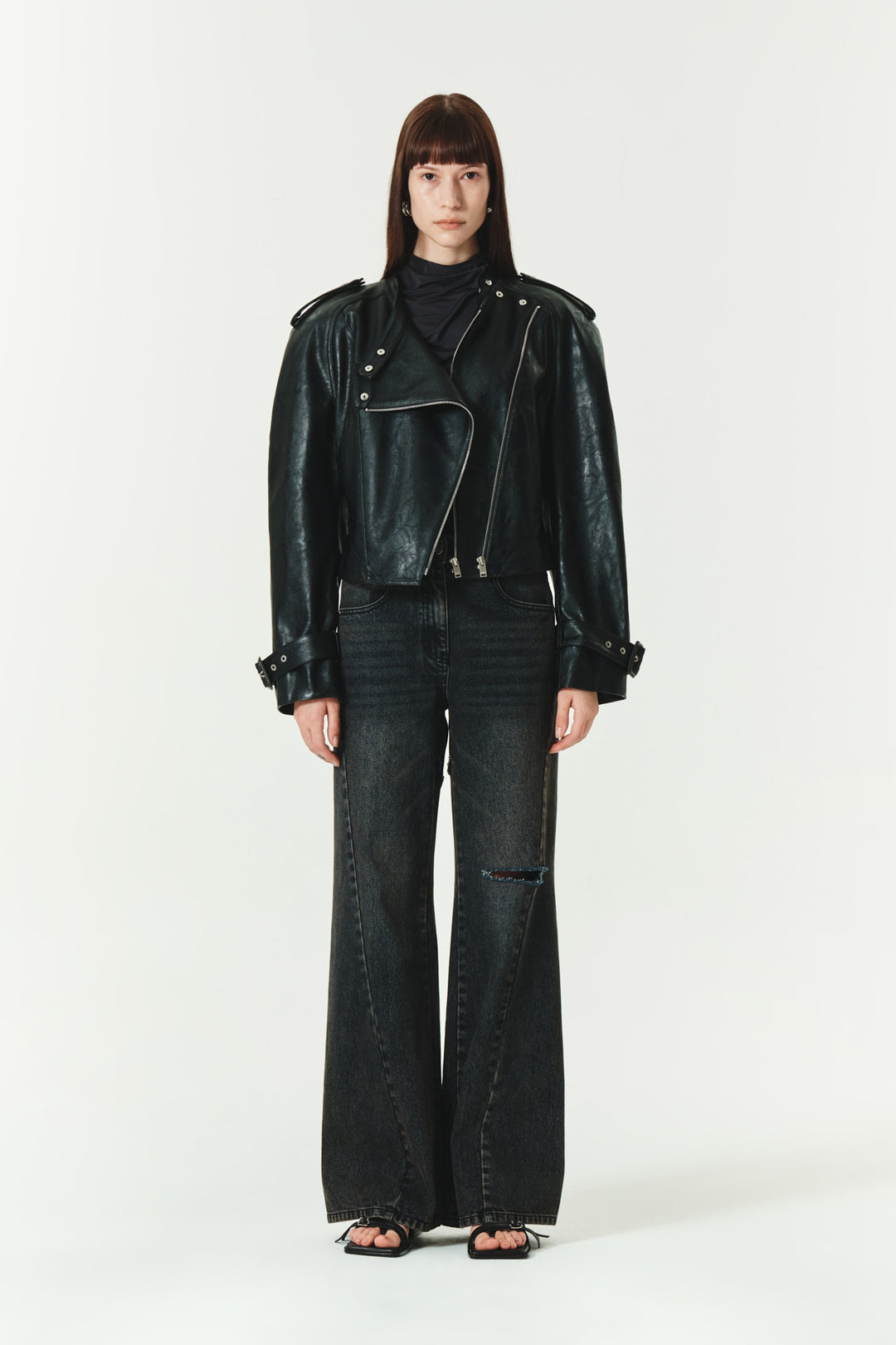 KIMMATIN Raglan Crop Leather Jumper — Black