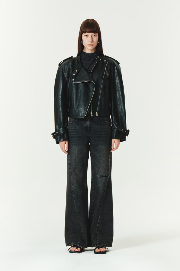 KIMMATIN Raglan Crop Leather Jumper — Black