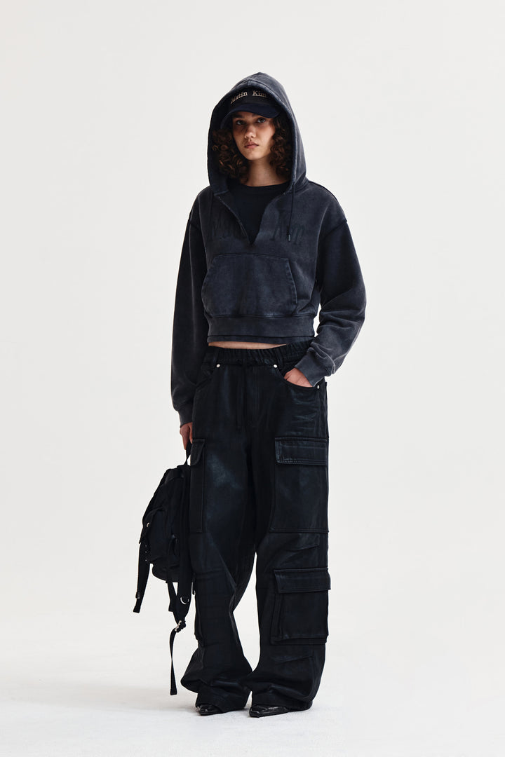 Matin Kim Washed Layered Crop Hoody — Charcoal