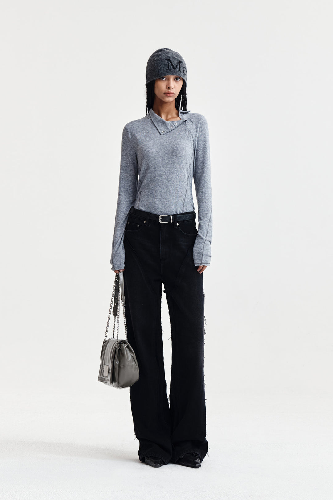 Matin Kim Button Slit Half Neck Top — Gray