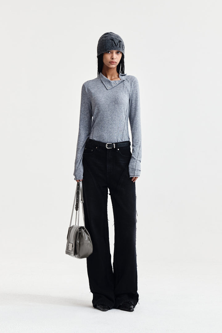 Matin Kim Button Slit Half Neck Top — Gray