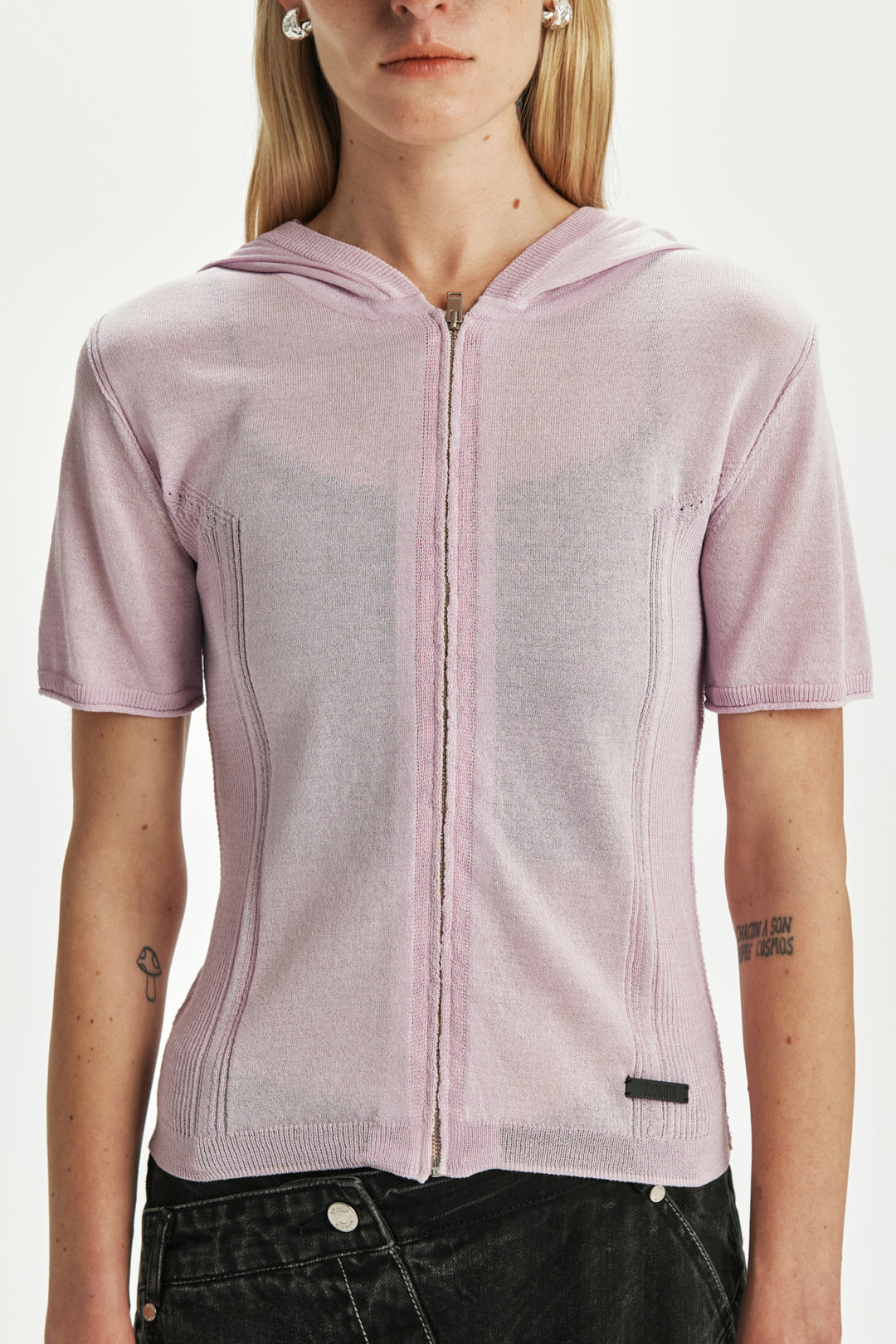 KIMMATIN Hoody Point Half Sleeve Knit Zip Up — Pink