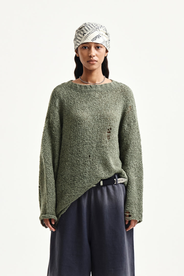 Matin Kim Asymmetric Damaged Knit Pullover — Khaki