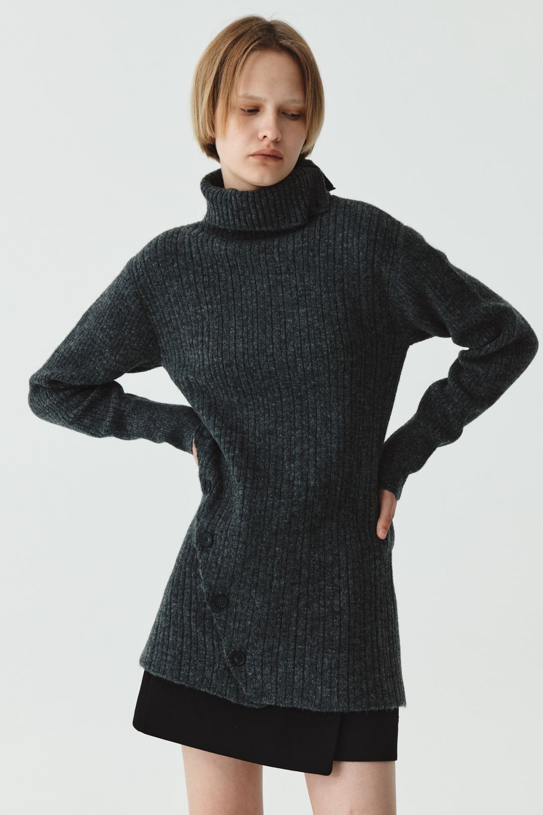 KIMMATIN Button Slit Knit Dress — Charcoal