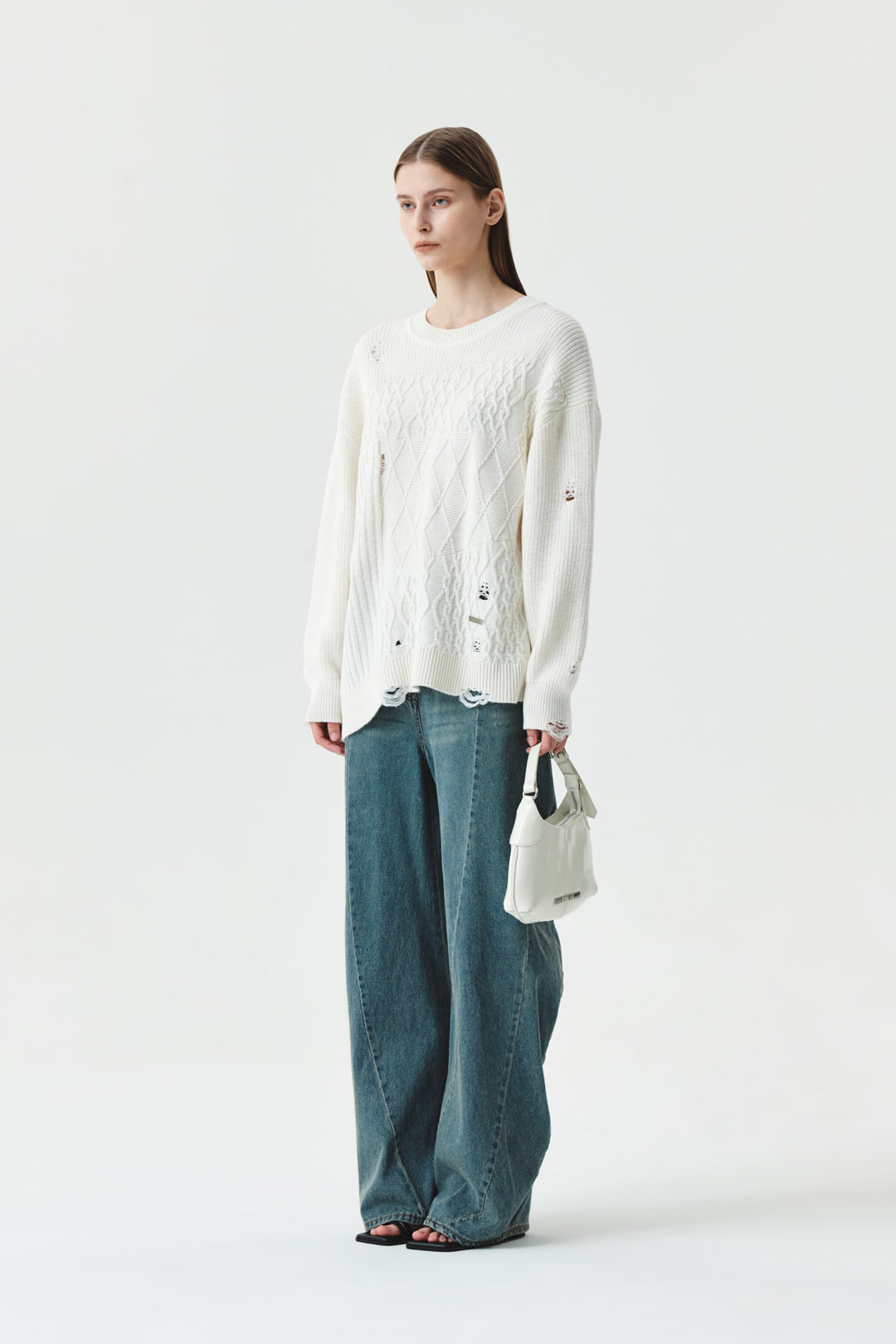 KIMMATIN Cable Mix Damage Knit Pullover — Ivory