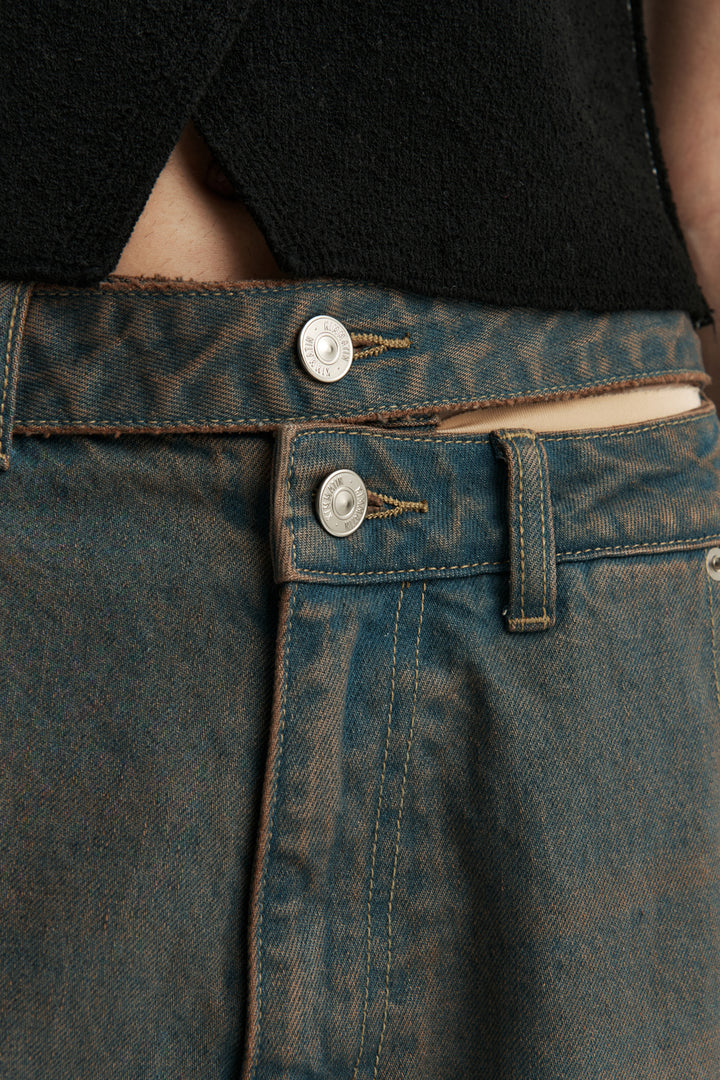 KIMMATIN Unbalance Belted Denim Pants — Blue