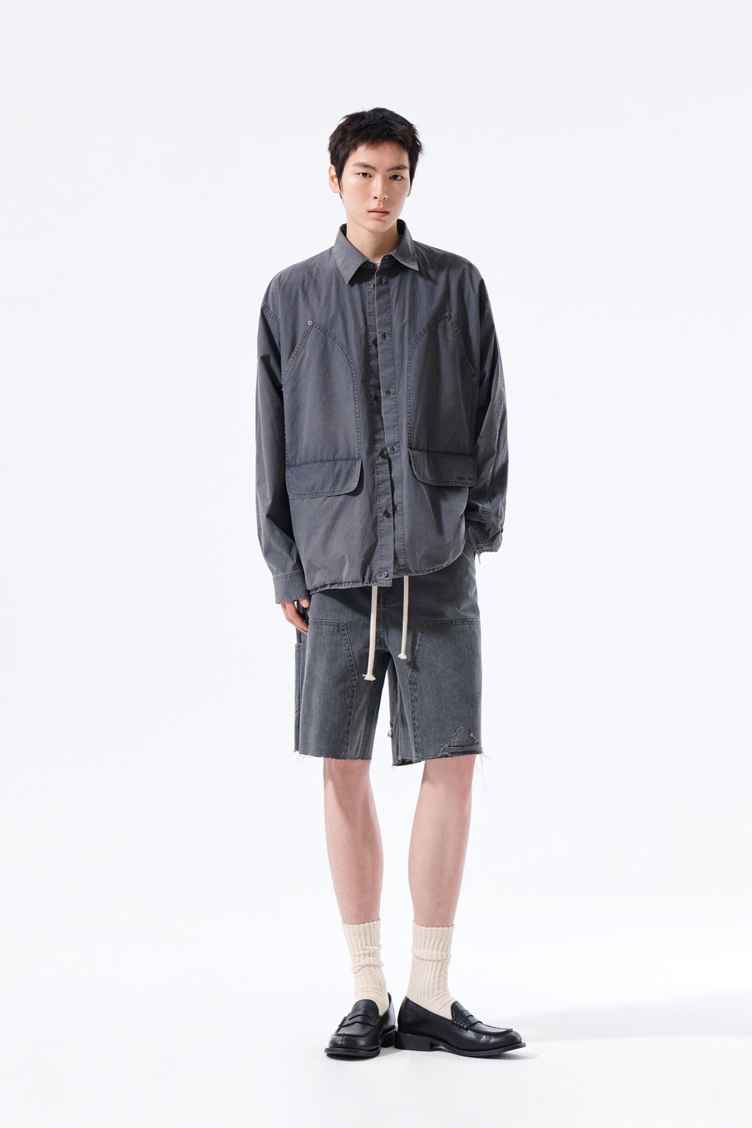 Matin Kim Washed Cotton Drawstring Shirt — Charcoal