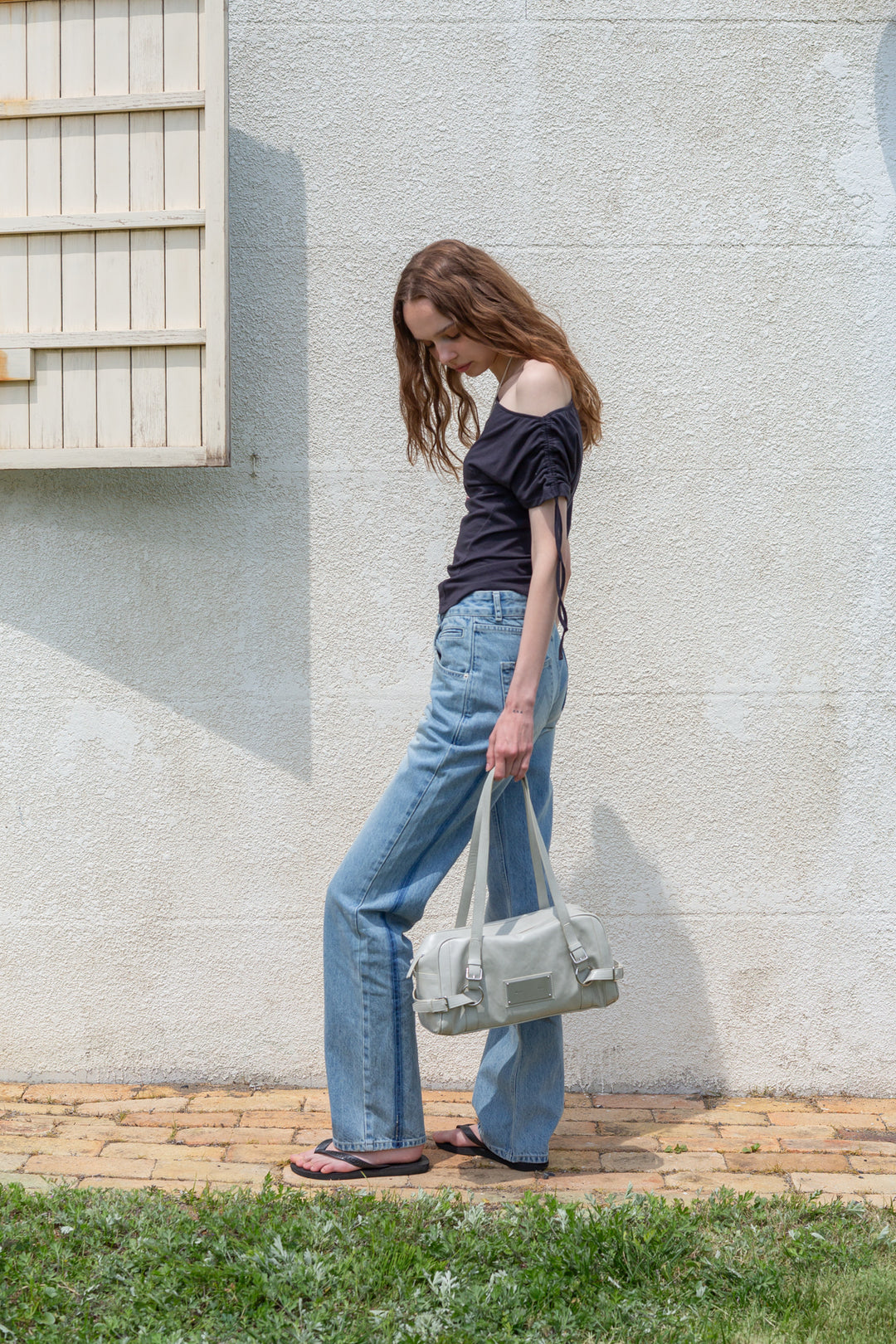 Matin Kim String Off-Shoulder Slim Top — Charcoal