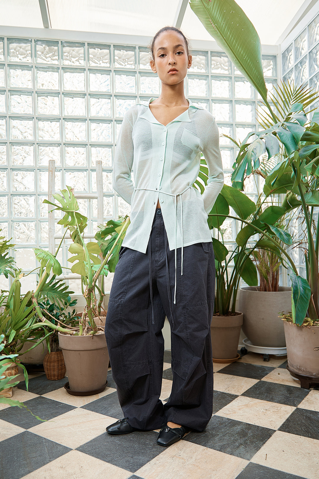 Matin Kim String Point Plain Long Cardigan — Mint