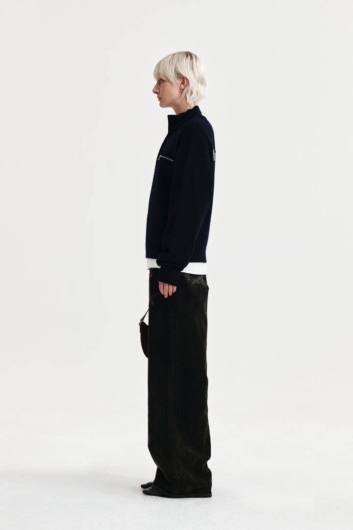 Matin Kim Back Logo Half Knit Zip Pullover — Navy blue