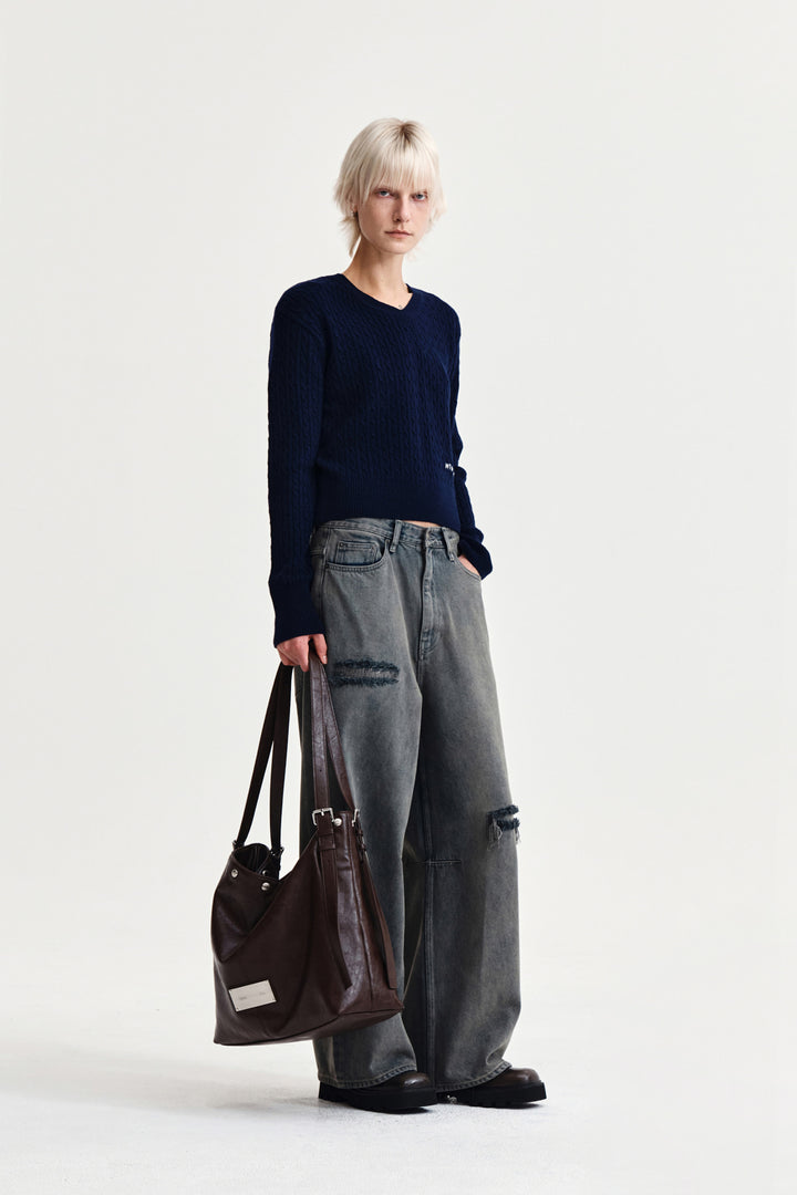 Matin Kim Shiny Cable Pullover — Navy blue