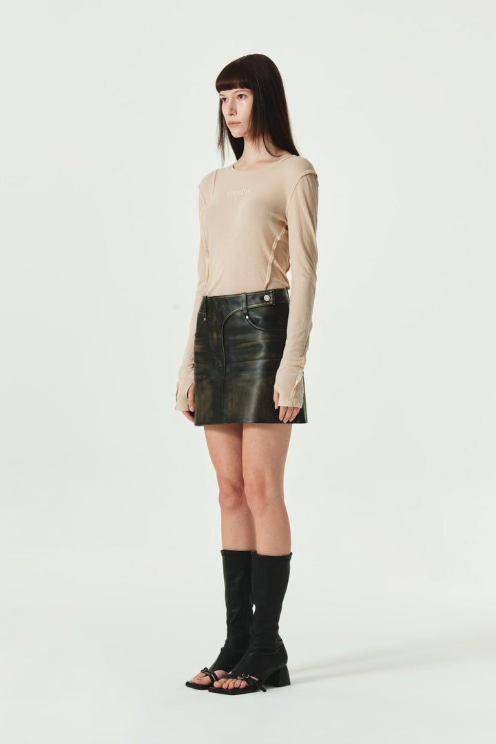 KIMMATIN Washed Faux Leather Mini Skirt — Brown