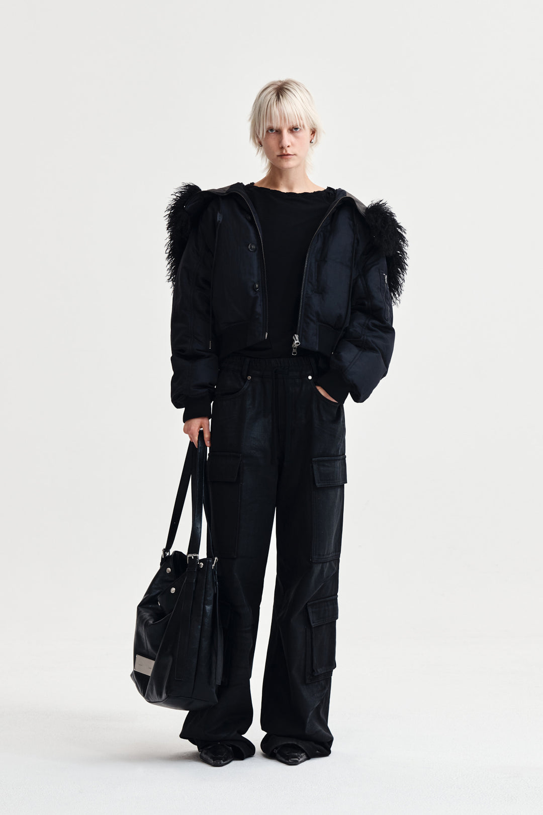 Matin Kim Fur Hoody Bomber Down Jumper — Black