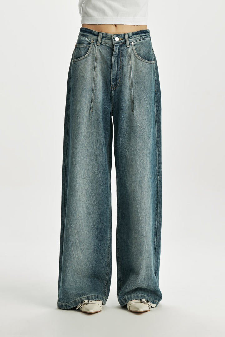 KIMMATIN Pintuck Wide Denim Pants — Blue