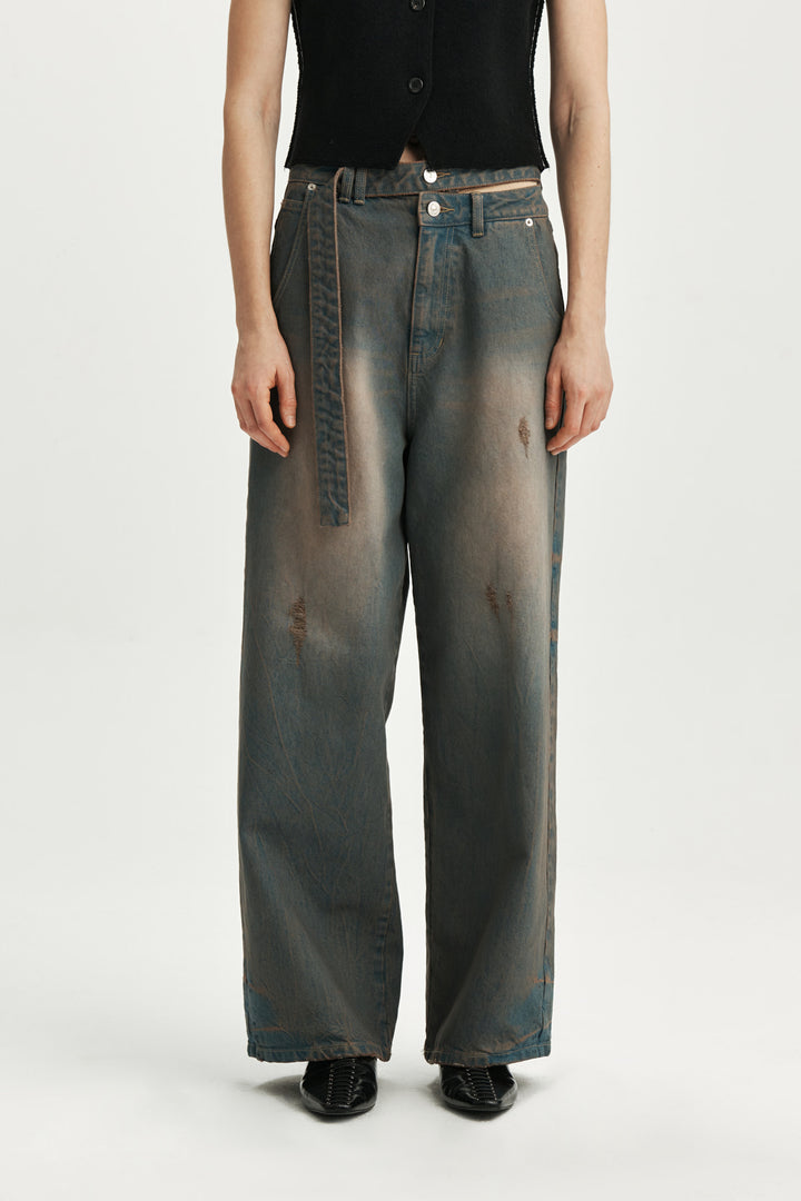KIMMATIN Unbalance Belted Denim Pants — Blue