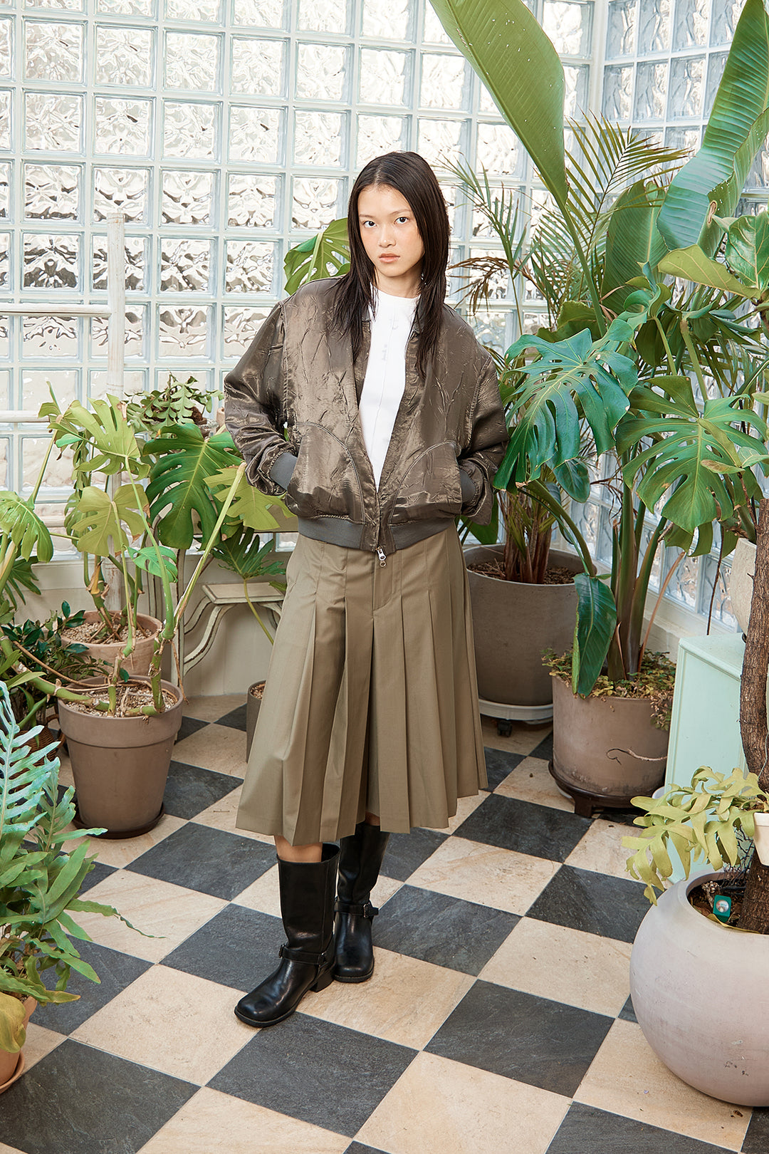 Matin Kim Back Logo Crinkle Blouson — Khaki