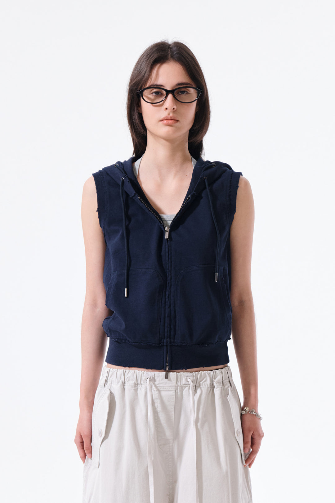 Matin Kim Back Logo Jersey Hood Vest — Navy blue