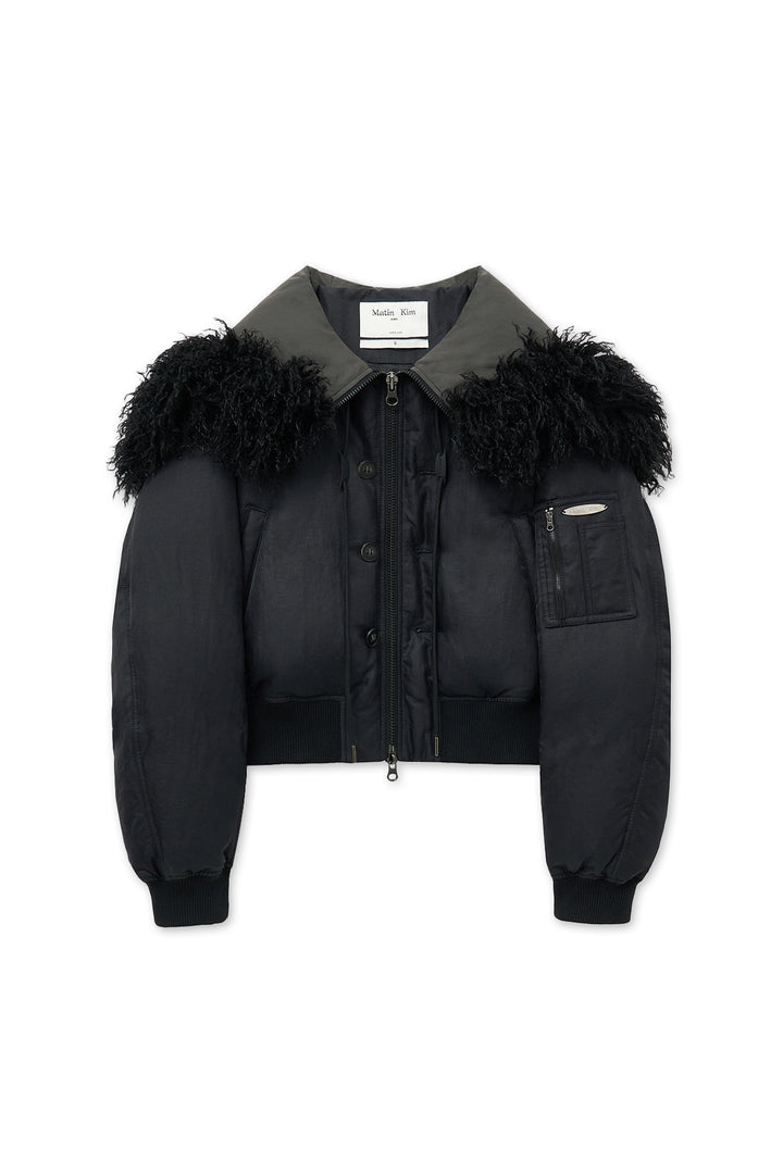 Matin Kim Fur Hoody Bomber Down Jumper — Black