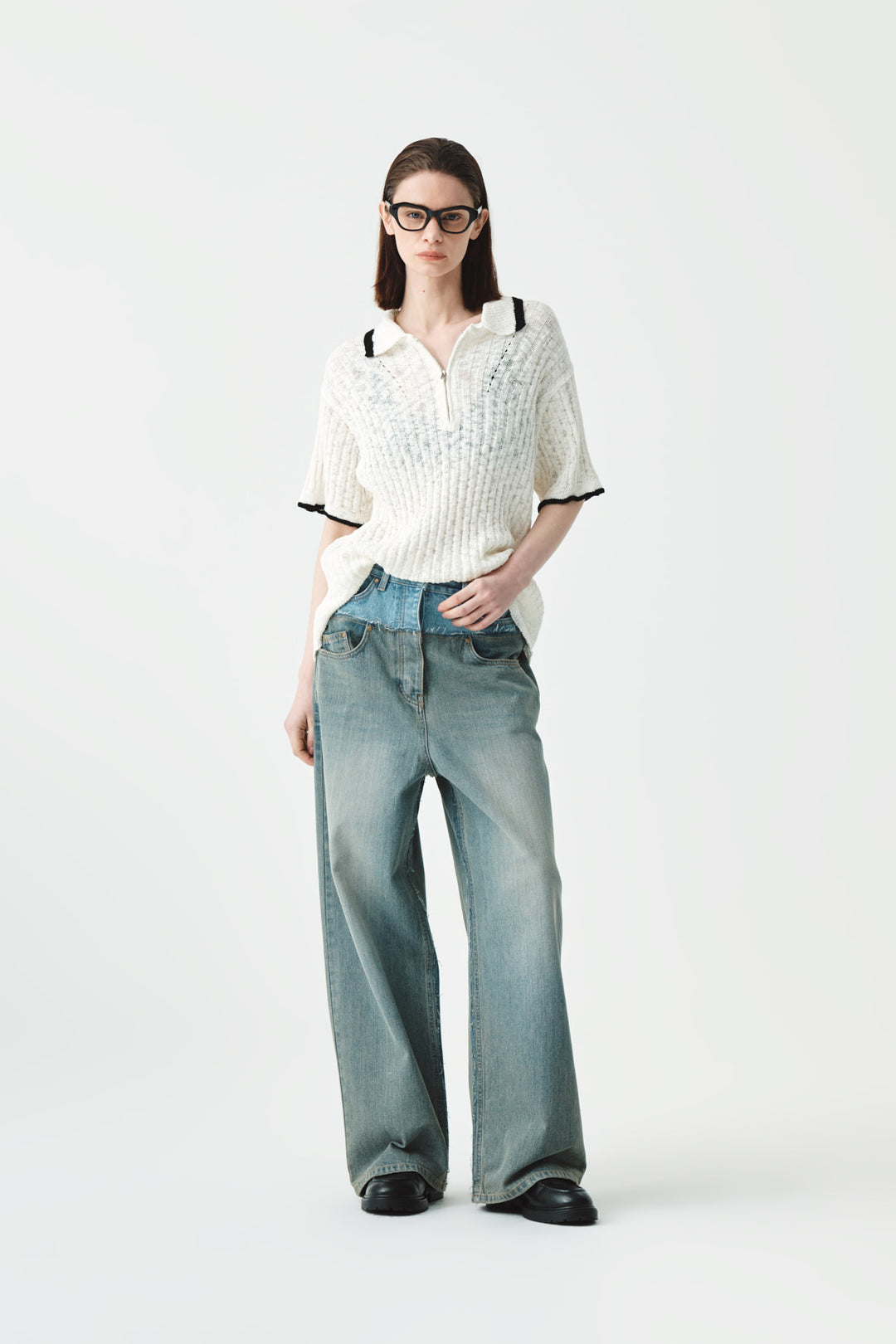 KIMMATIN Half Zip Slub Pique Knit Top — Ivory