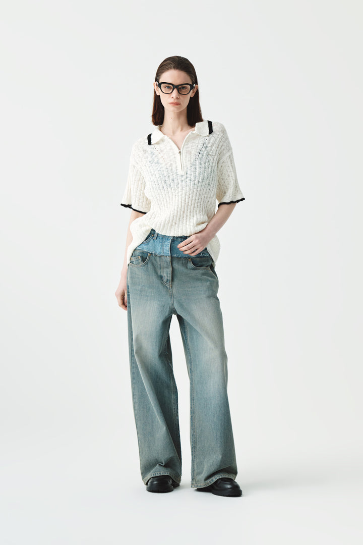 KIMMATIN Half Zip Slub Pique Knit Top — Ivory