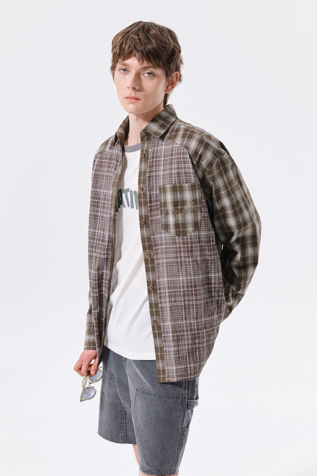 Matin Kim Mixed Check Overfit Shirt — Brown