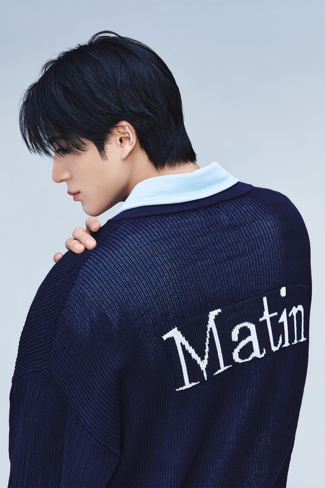 Matin Kim Back Logo Jacquard Mesh Knit Zip — Navy blue