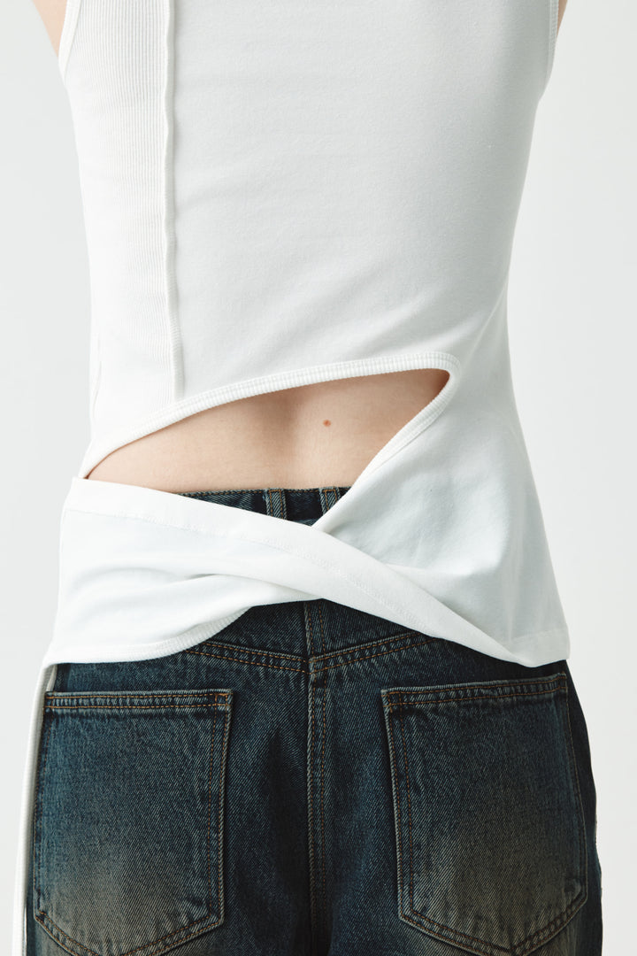 KIMMATIN Back Twist Unbalance Jersey Sleeveless — White