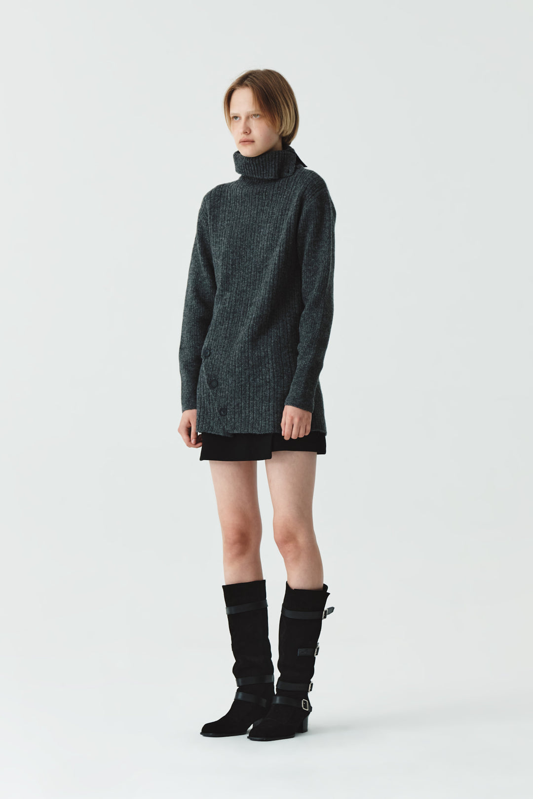 KIMMATIN Button Slit Knit Dress — Charcoal