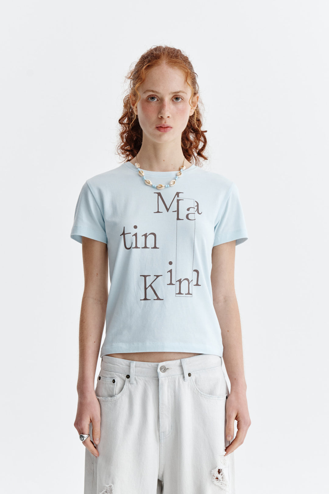 Matin Kim Patchwork Graphic Logo Tee — Light Blue