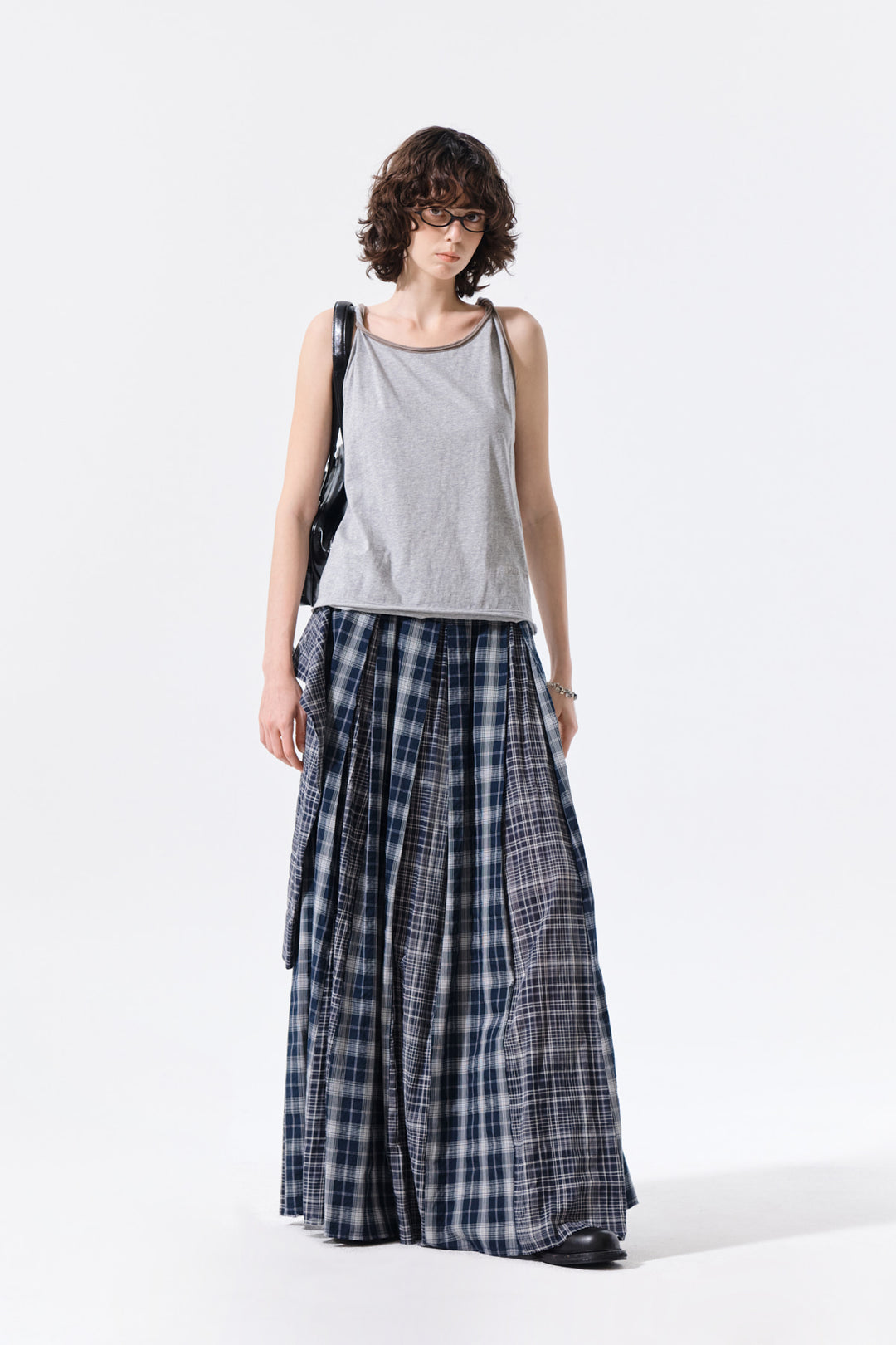 Matin Kim Mixed Check Sleeve Tie Flare Skirt — Navy blue
