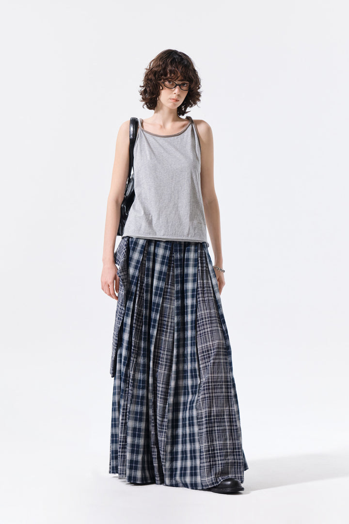 Matin Kim Mixed Check Sleeve Tie Flare Skirt — Navy blue