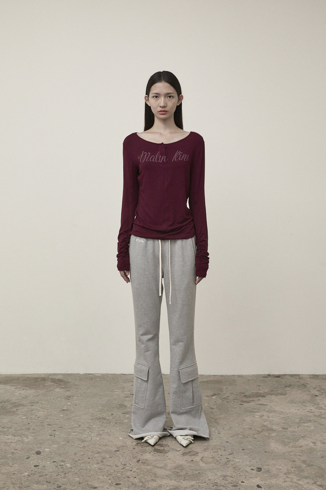 Matin Kim Henley Neck Shirring Top — Burgundy