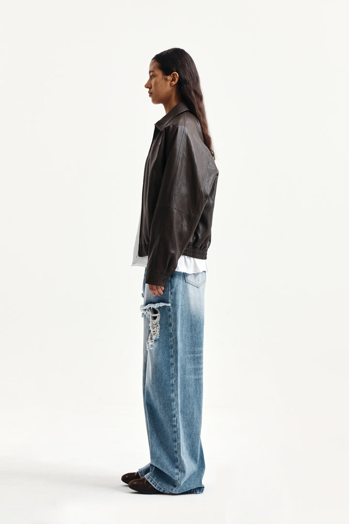Matin Kim Small Logo Faux Leather Zip-Up — Brown