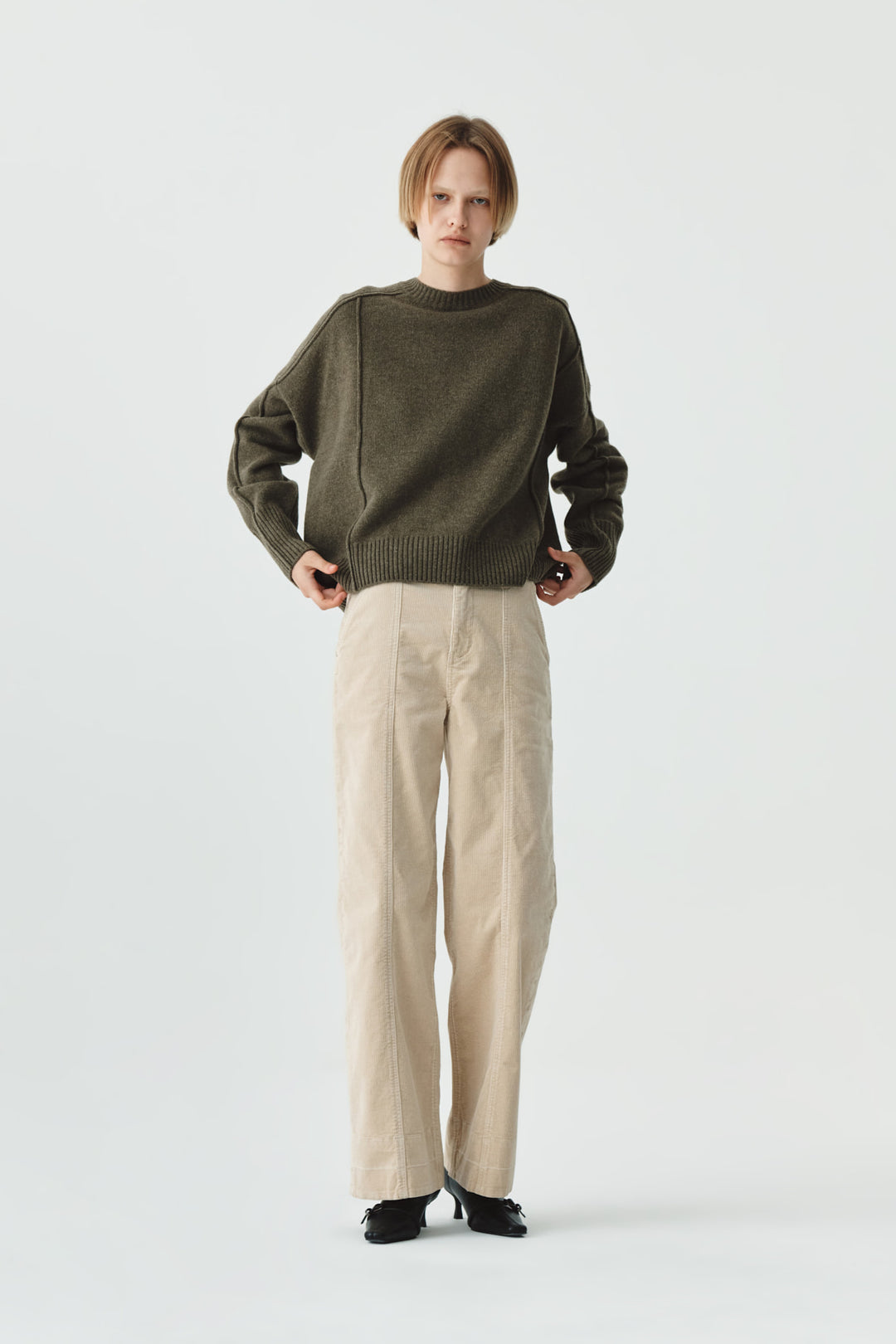 KIMMATIN Slim Boots Cut Corduroy Pants — Cream