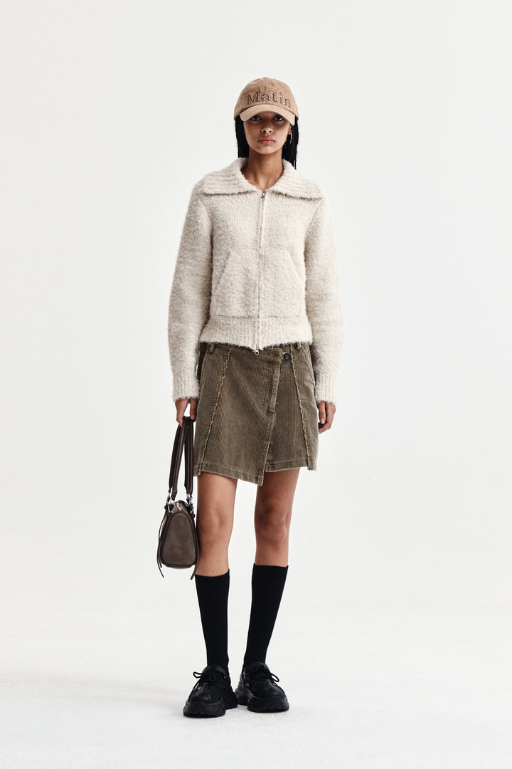 Matin Kim Boucle Knit Zip Up Cardigan — Beige
