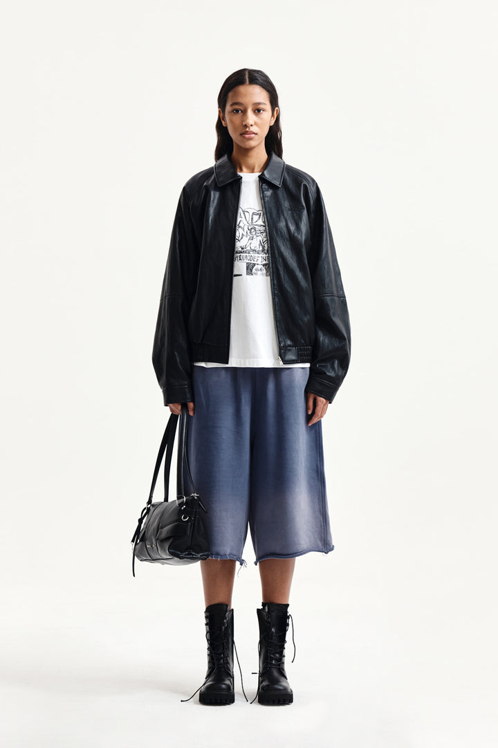 Matin Kim Vintage Washed Back Logo Bermuda Sweatpants — Blue