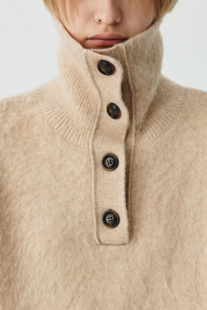 KIMMATIN Button High Neck Alpaca Blend Sweater — Beige