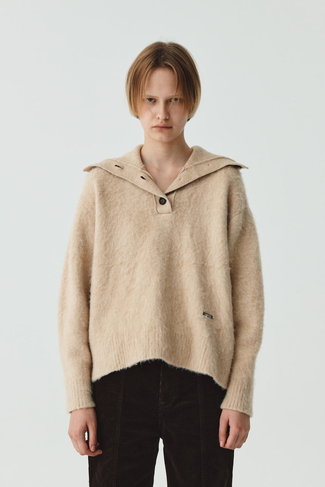 KIMMATIN Button High Neck Alpaca Blend Sweater — Beige