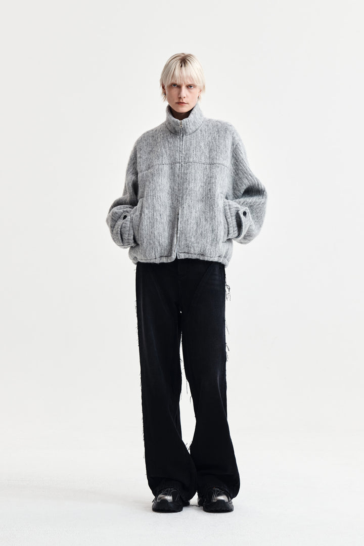 Matin Kim Hairy High Neck Zip Up Jumper — Light Grey