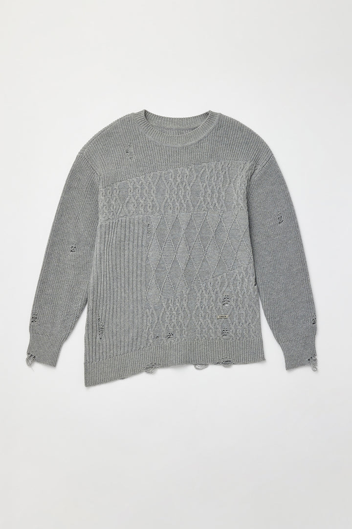 KIMMATIN Cable Mix Damage Knit Pullover — Gray