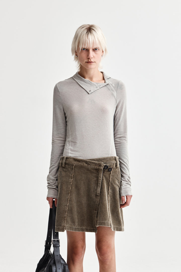 Matin Kim Button Slit Half Neck Top — Beige